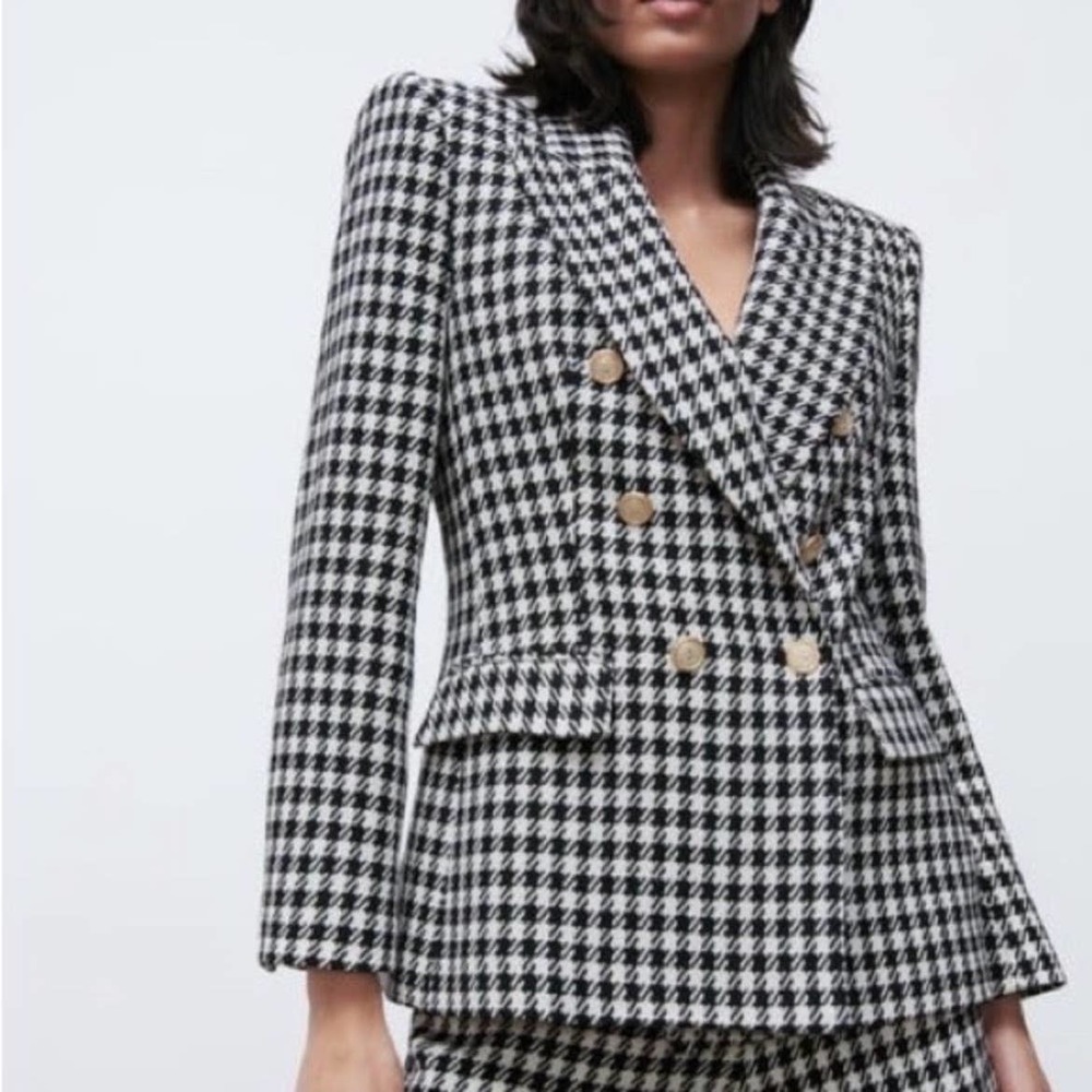 Zara Black Plaid Double Breasted Blazer